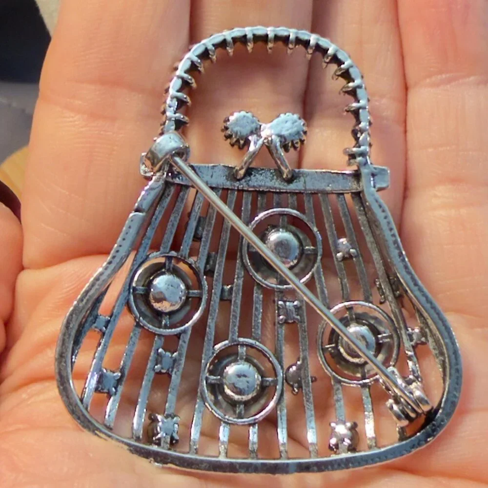 Purse Brooch Multicolor Rhinestone Openwork Handbag Pin – 2.25”